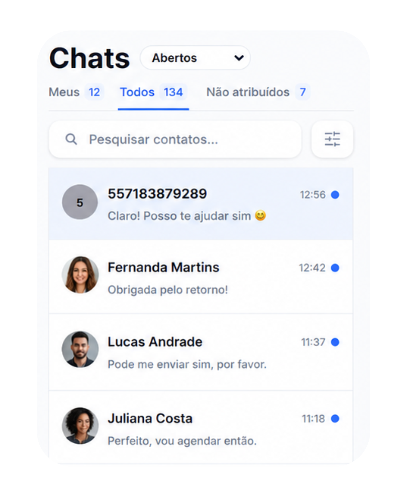 Central Vortex com lista de chats e conversas dos clientes