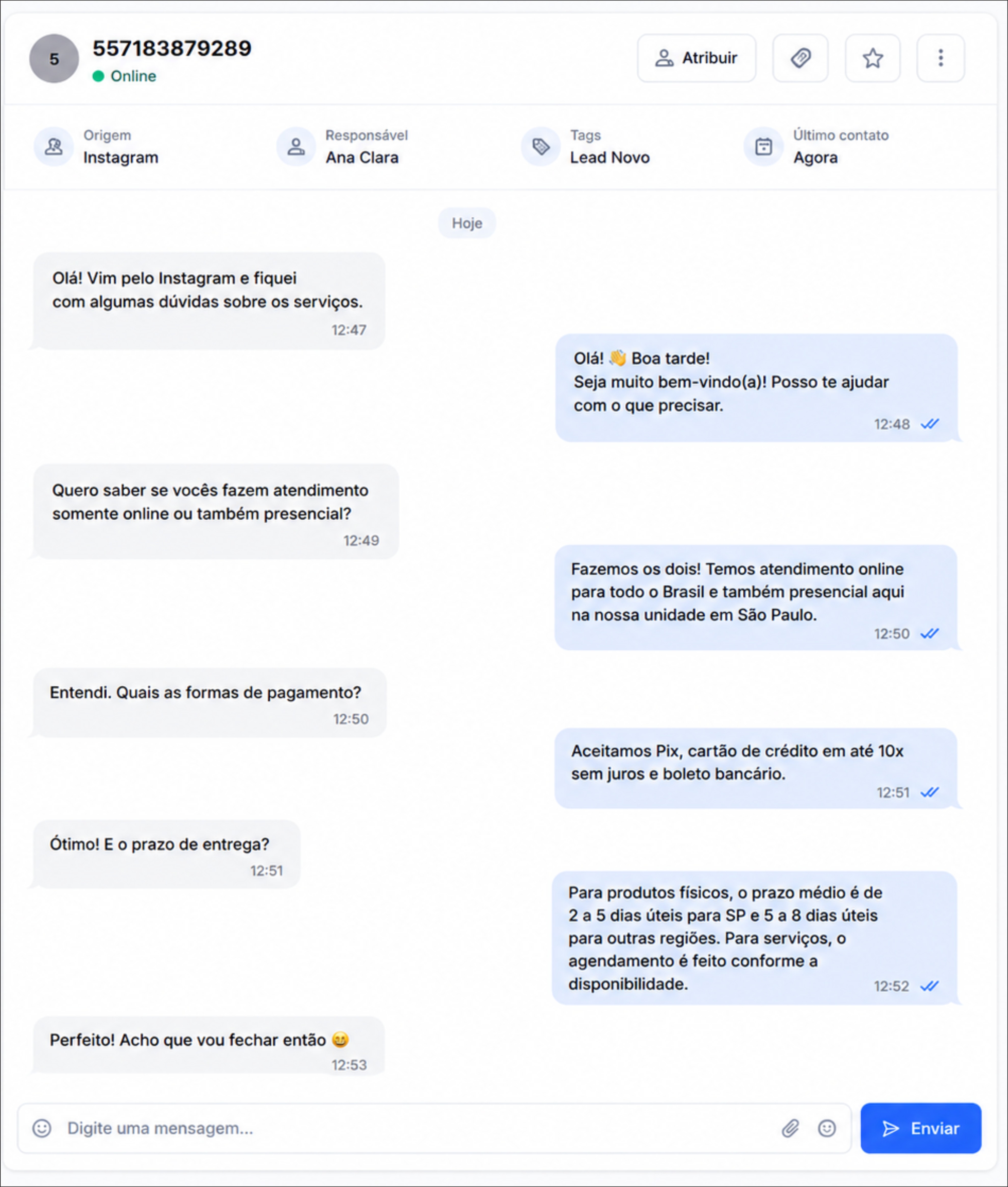 Conversa da IA treinada com os dados da empresa atendendo um lead